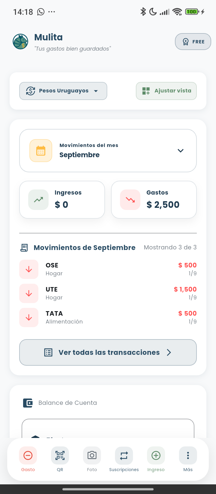 Mulita App Screenshot - Dashboard de gastos personales